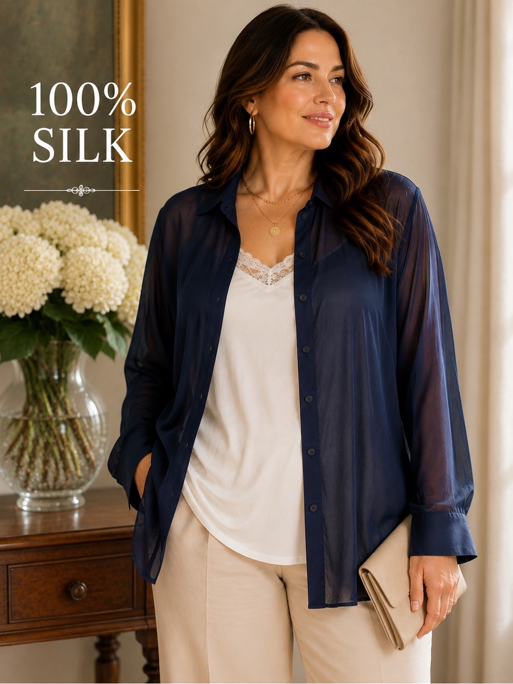Lauren Ralph Lauren 100% Silk Navy Sheer Button Front Blouse 22W